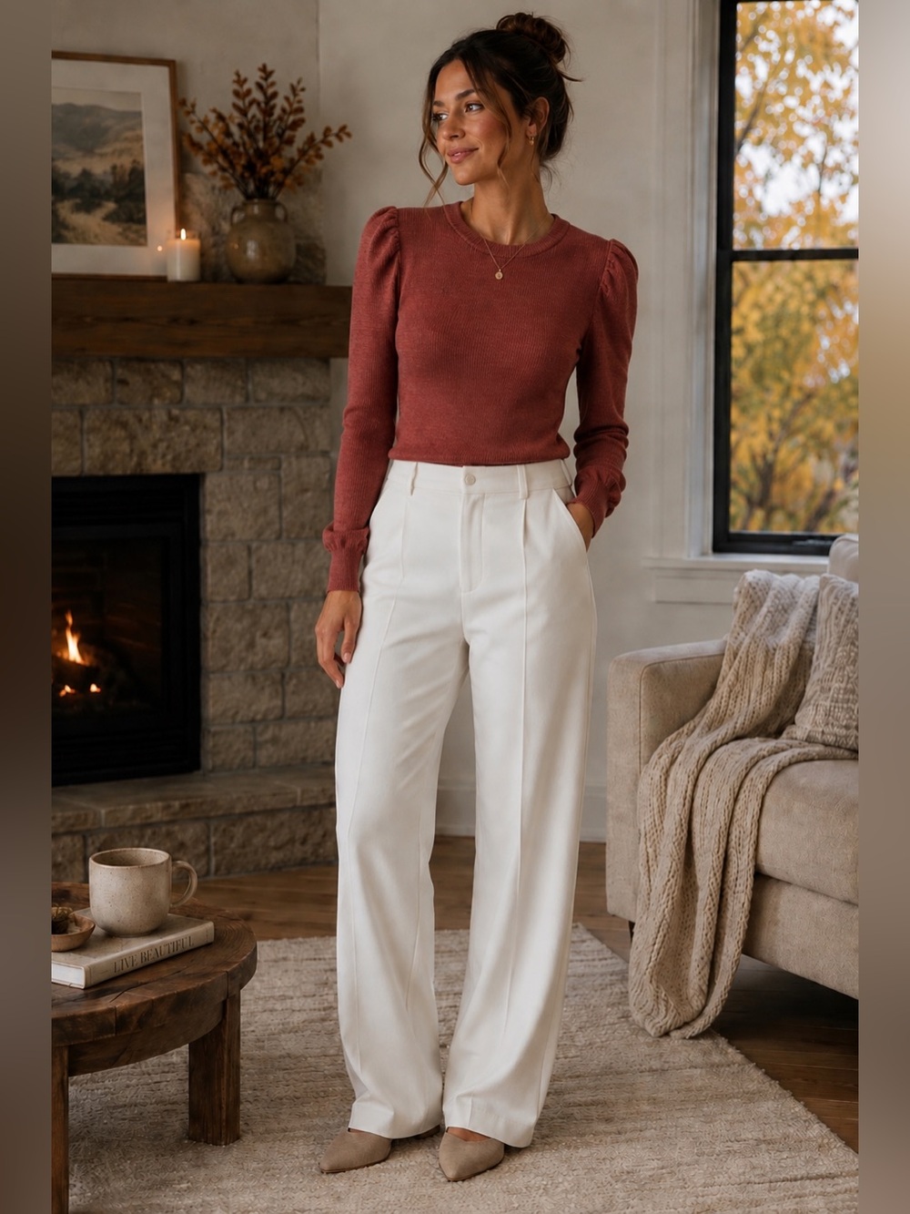 Treasure & Bond Rose Burgundy Ribbed Long-Sleeve Puff Shoulder Top